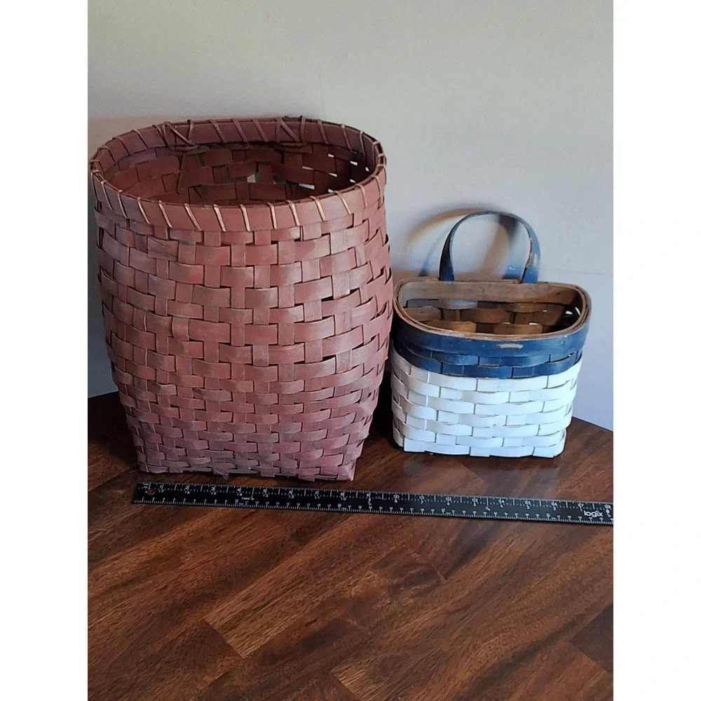 Vintage Woven Splint Basket Set Red Tall Floor & Blue White Wall Hanging Decor